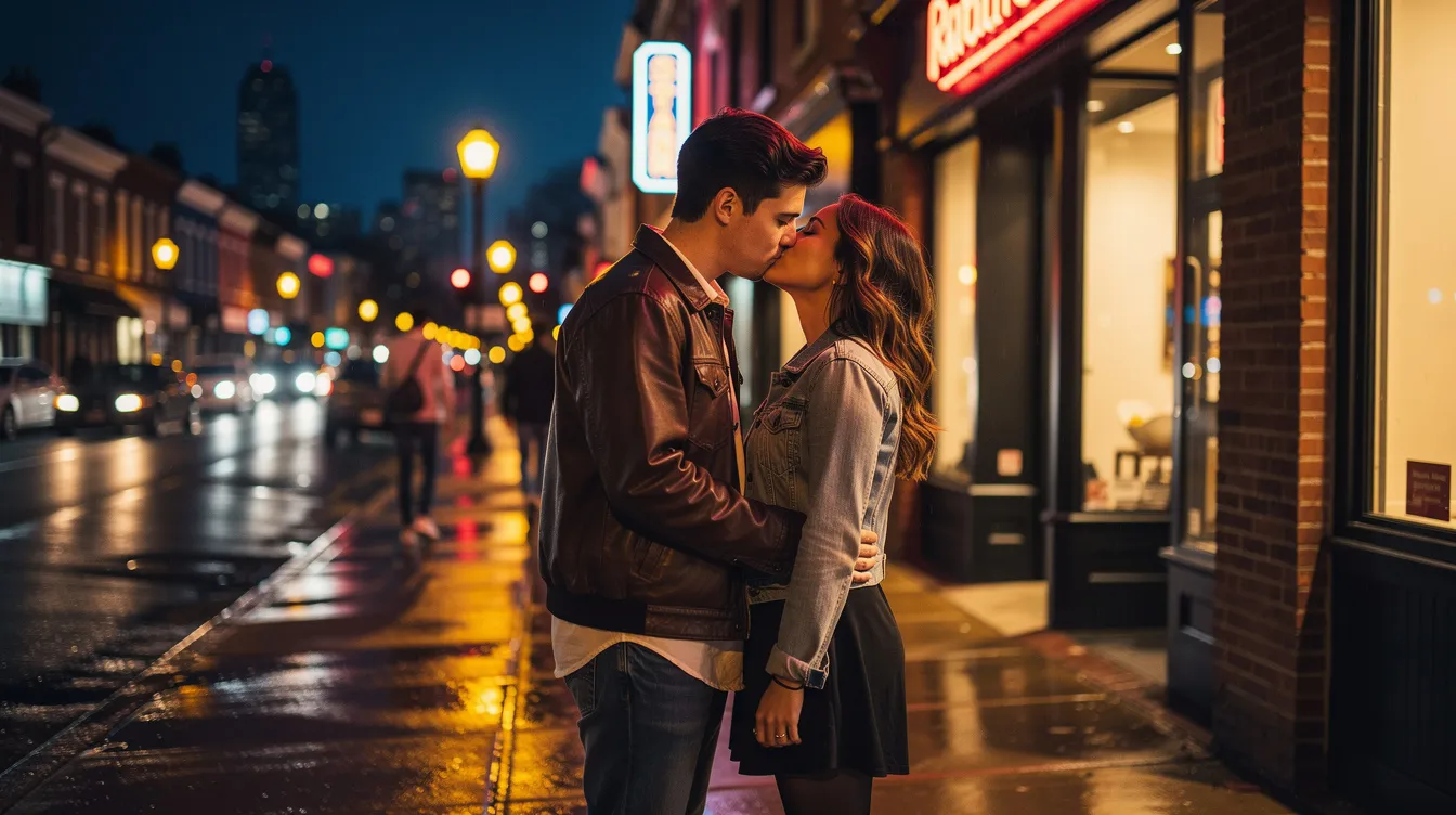 A couple shares a romantic kiss on a charming street in Philadelphia, surrounded by the warm glow of city lights, embodying the perfect atmosphere for a date night. The scene captures the intimacy and joy of their connection, making it a great moment for a romantic evening in the city.