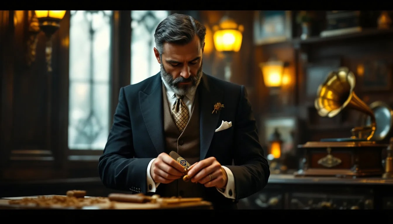 A craftsman carefully rolling cigars in a traditional workshop.