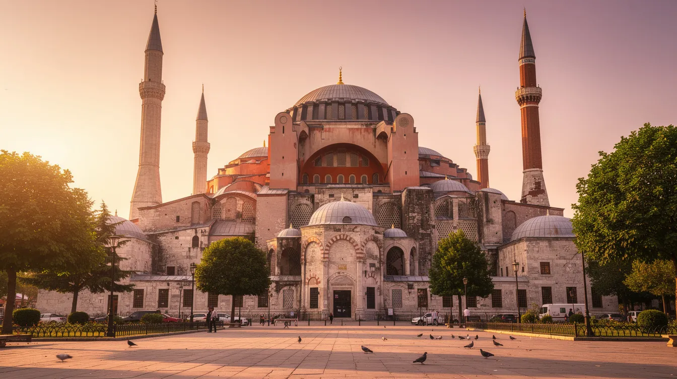 A imagem mostra a imponente Basílica de Santa Sofia, um exemplo notável da arquitetura grega, com suas grandes cúpulas e mosaicos detalhados, refletindo a rica história e cultura de Atenas. Este famoso monumento, que já foi uma catedral e uma mesquita, é um dos principais destinos turísticos da Grécia.