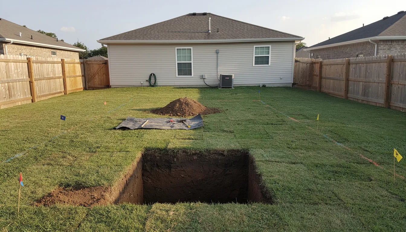 The image shows a residential yard featuring a small excavation pit with minimal ground disturbance, indicative of trenchless sewer repair methods. This approach allows for the installation of new pipes while preserving the surrounding landscaping and reducing the need for traditional excavation.
