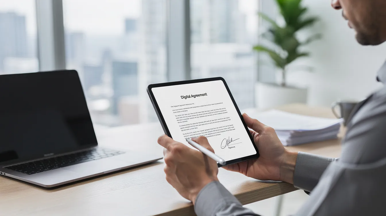 A person is sitting at a modern office desk, using a tablet to sign a digital document, indicating a streamlined process for applying for a loan or financial service. The setting reflects a contemporary work environment, emphasizing efficiency in handling tasks like signing documents related to personal loans or financial applications.