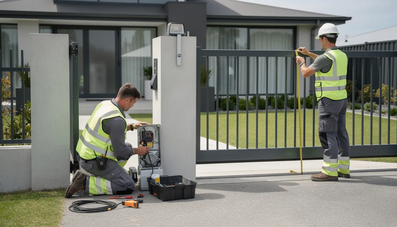 Two technicians are installing a motorized sliding gate at a residential property, showcasing their professional service and expertise in gate automation. This installation aims to enhance the property's security while providing convenience and access control for the homeowners.