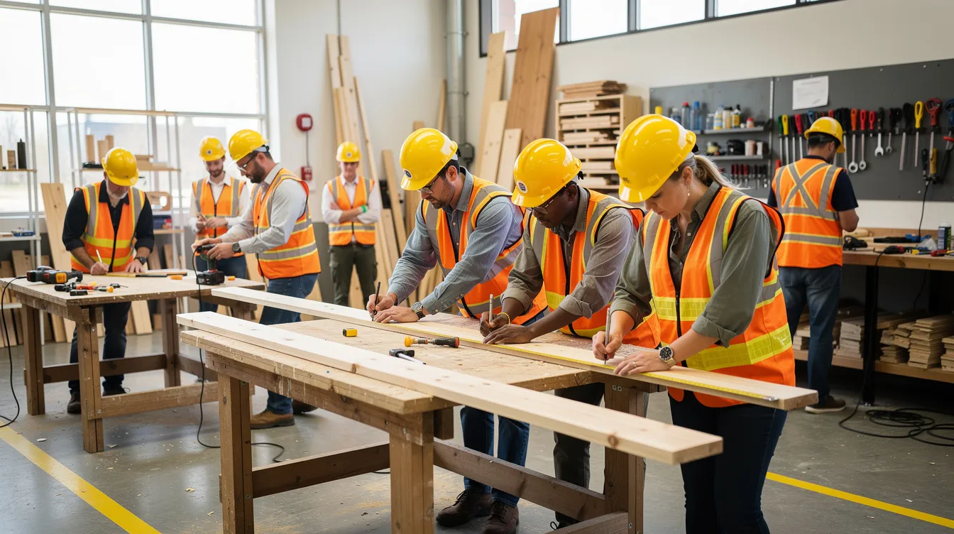 A group of construction apprentices in hard hats and safety vests are actively engaged in a hands-on training workshop, focusing on essential skills and safety regulations within the construction industry. This training is part of registered apprenticeship programs aimed at developing high-quality workmanship and preparing individuals for successful careers in various building trades.