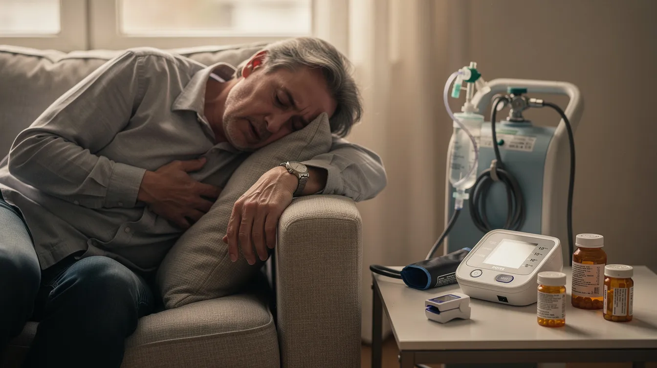 The image shows a person resting on a couch, visibly fatigued and holding their chest, indicating potential chest pain or discomfort. Nearby, medical equipment suggests ongoing treatment for heart conditions, such as coronary artery disease or chronic heart failure, which may qualify them for social security disability benefits.
