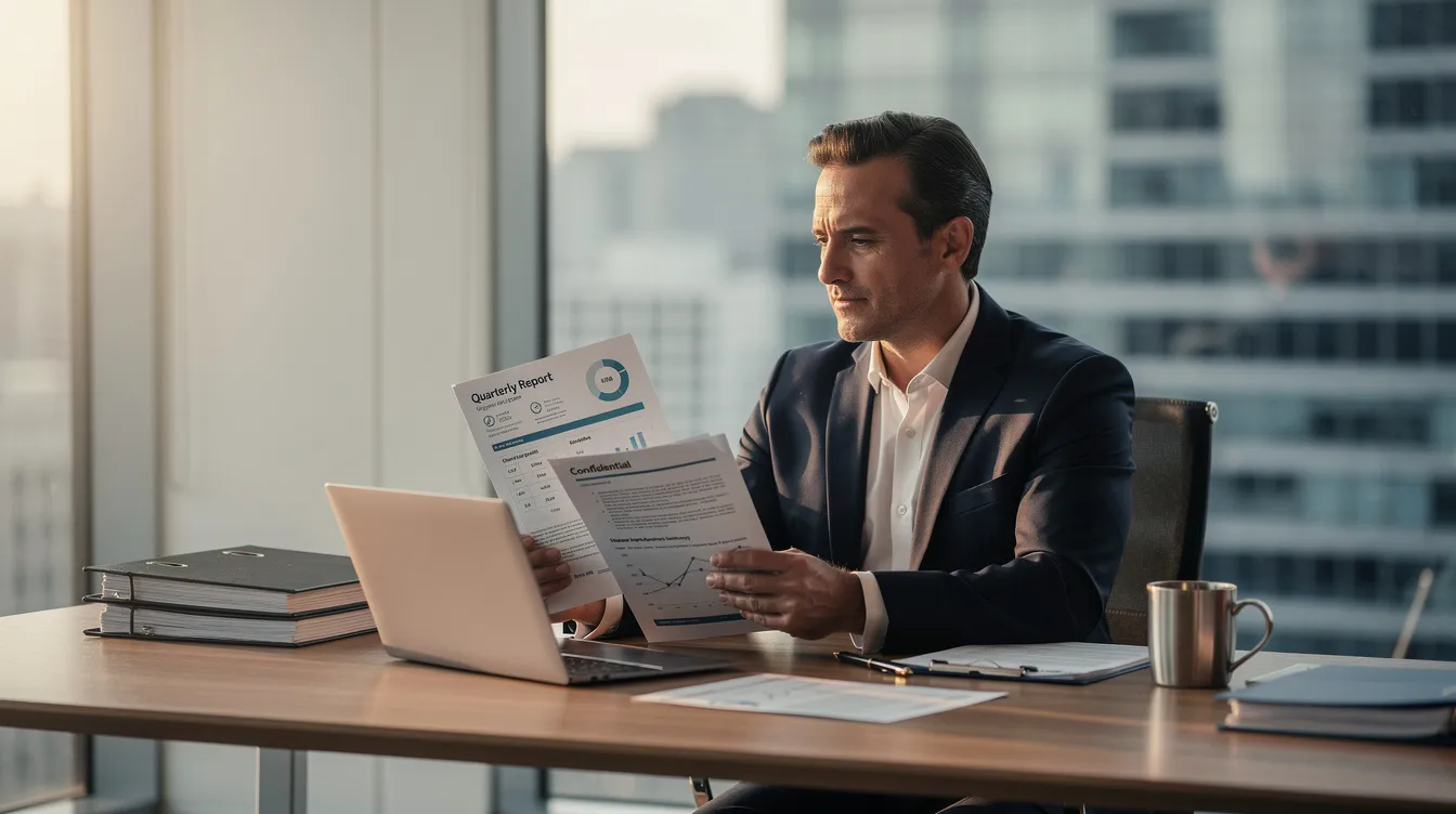 A director is seated at a desk, meticulously reviewing company paperwork and a laptop, focusing on financial records such as annual accounts and profit and loss statements. This scene emphasizes the importance of maintaining accurate company accounts and staying compliant with filing deadlines at Companies House.