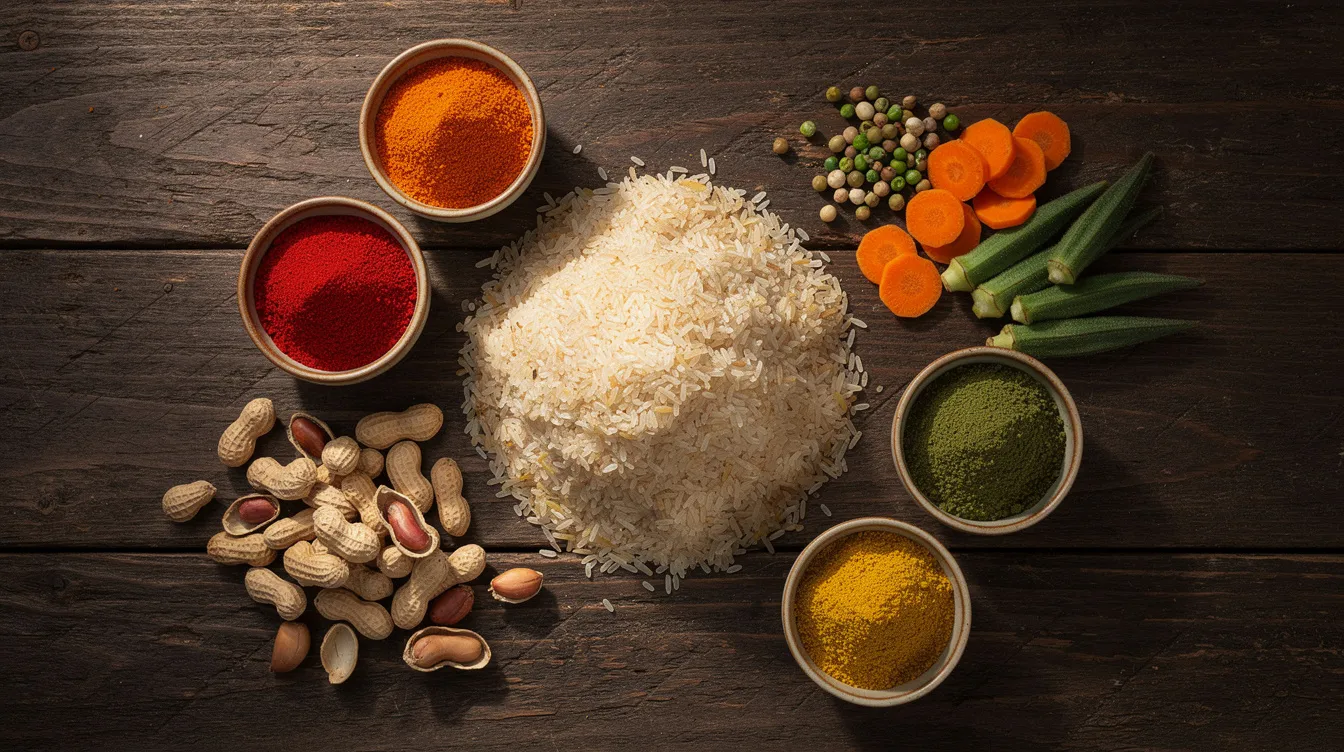 d0665537 0388 4f81 a2e9 6b40bf3ddec4 The image displays a variety of raw food ingredients arranged on a wooden surface, including rice flakes, colorful spices in small bowls, peanuts, and dried vegetables, ideal for making instant poha mix. This vibrant collection highlights essential components like mustard seeds, turmeric powder, and chopped green chilies, perfect for creating a delicious and quick breakfast item.