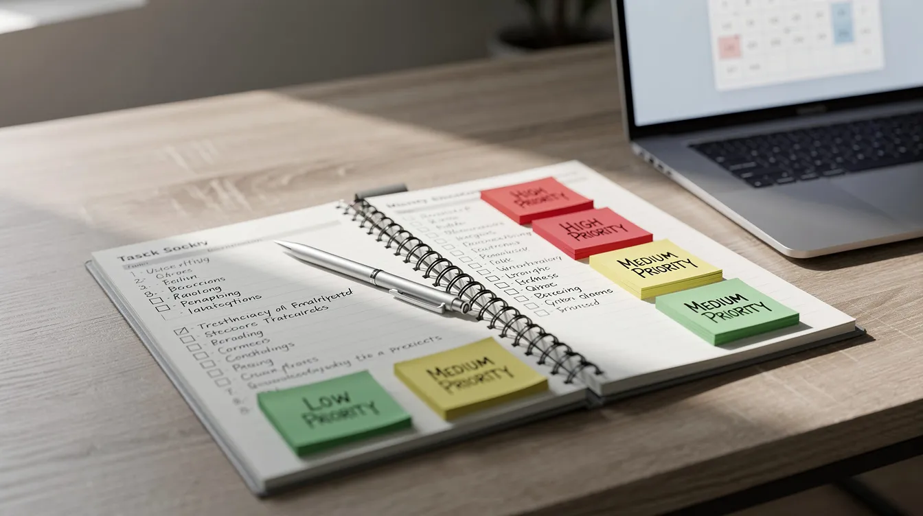 Une image d'un carnet de planification ouvert sur un bureau, à côté d'un ordinateur portable, avec des notes autocollantes colorées disposées par ordre de priorité. Cette scène évoque l'organisation et le développement des compétences managériales, essentielles pour un bon leadership et une gestion efficace au sein d'une équipe.