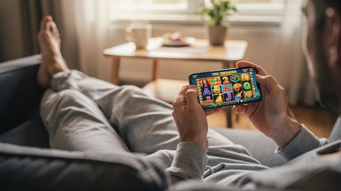 En person spelar ett casino-spel på sin smartphone medan de kopplar av. Spelaren är engagerad i ett online casino, där de kanske spelar titlar som "Book of Dead" från speltillverkaren Red Tiger.