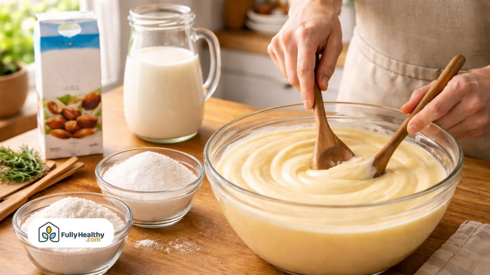 Mixing homemade vanilla pudding in glass bowl with wooden spoon
