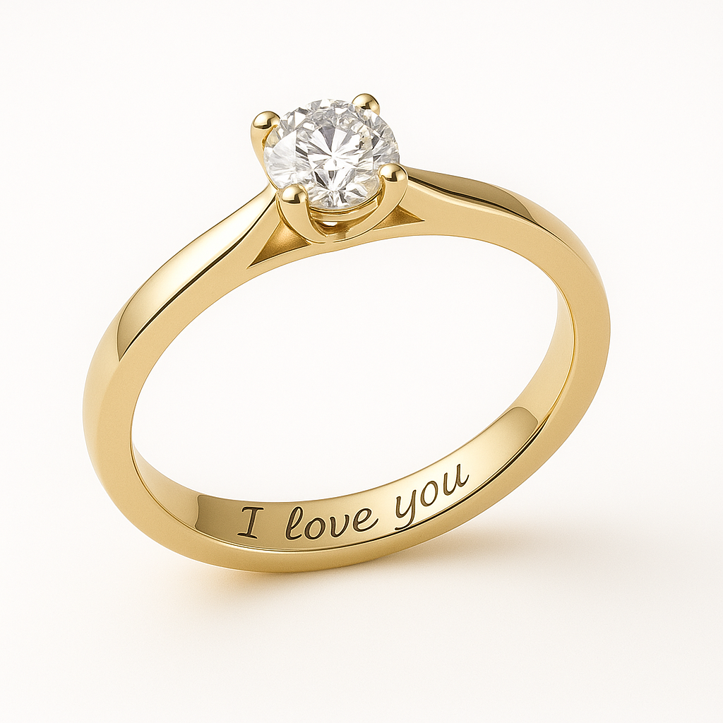 Geltono aukso sužadėtuvių žiedas su deimantu ir vidinėje pusėje išgraviruotu tekstu „I love you“