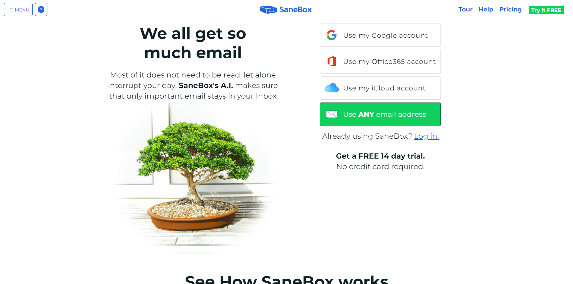SaneBox main page