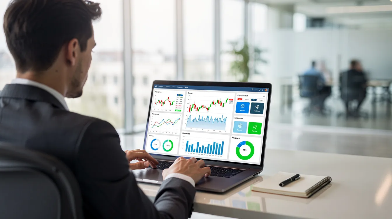 Una persona está sentada en un moderno espacio de oficina, mirando atentamente la pantalla de su laptop que muestra paneles financieros y gráficos. Esta imagen refleja el uso de inteligencia artificial y automatización en la gestión de cobranzas, facilitando la toma de decisiones y el seguimiento de datos en tiempo real.
