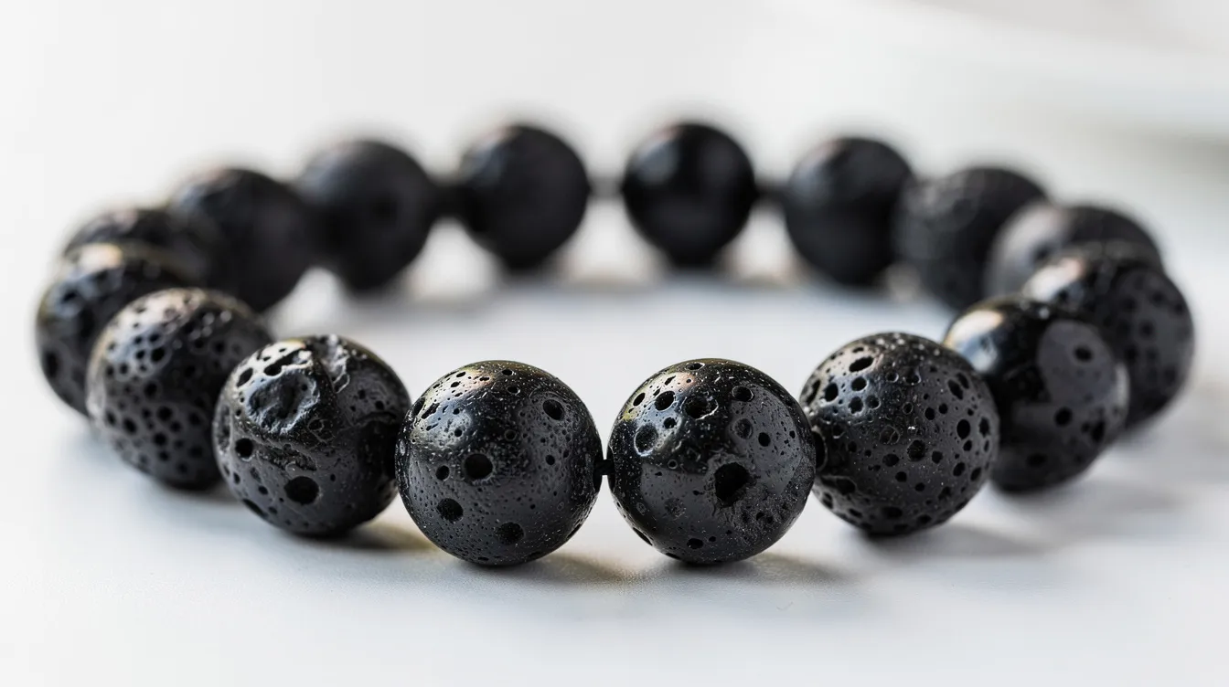 The image features a collection of high-quality lava stone beads, showcasing their unique irregular surfaces and naturally formed voids. These beads, crafted from genuine basalt rock, are ideal for absorbing essential oils, allowing for a slow diffusion of fragrance, making them perfect for jewellery making and enhancing your connection to Mother Earth.