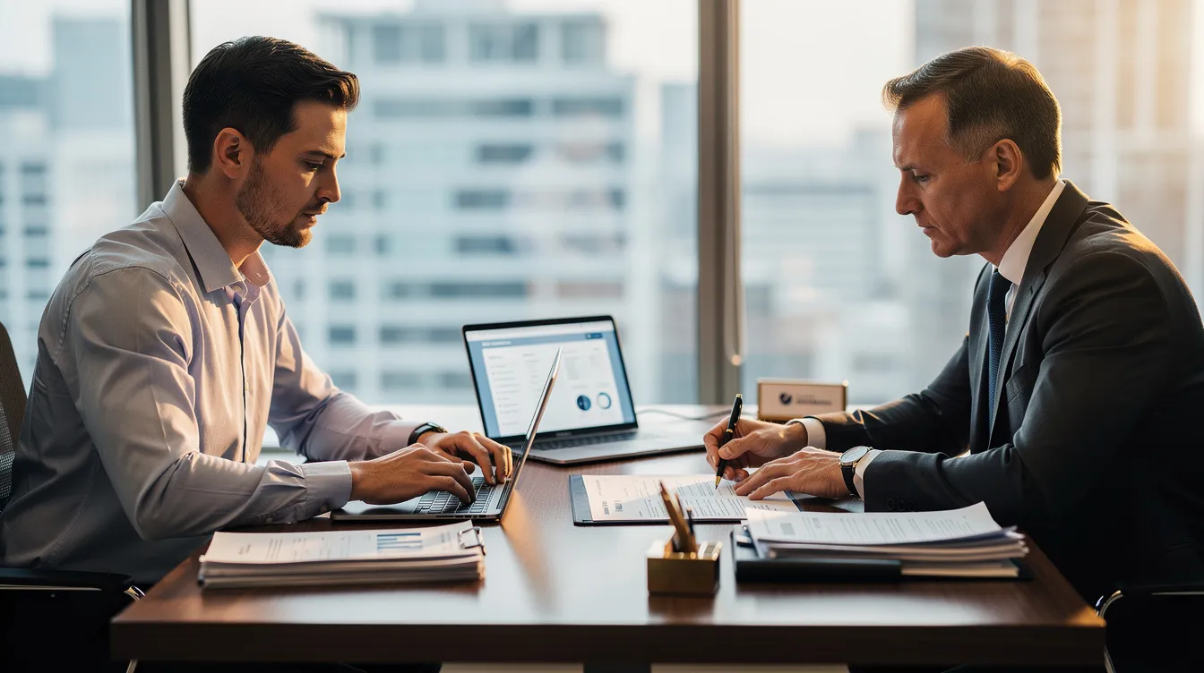 An entrepreneur is seated across from a bank officer at a desk, both reviewing financial documents including a detailed project report and CMA data. They discuss the entrepreneur's financial stability and repayment capacity in relation to bank loan approval and the necessary paperwork for the loan process.