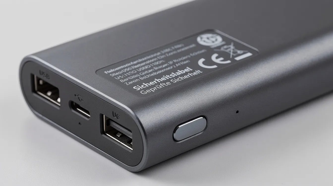 Die Nahaufnahme zeigt eine kompakte Powerbank mit einem sichtbaren Sicherheitslabel und mehreren USB-Anschlüssen, darunter USB-C und USB-A. Diese Powerbank, ideal für Geräte wie das iPhone 12, bietet eine Kapazität von 10.000 mAh und ist ein praktisches Zubehör für unterwegs.