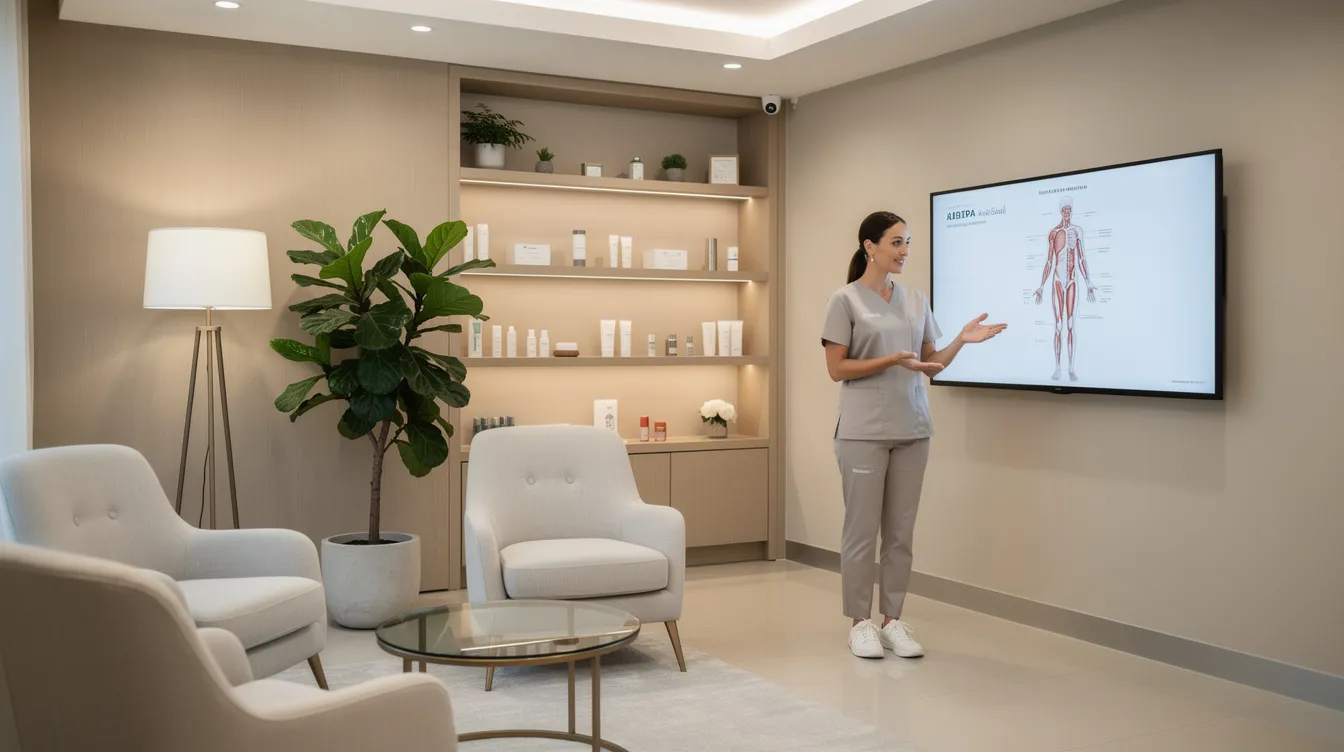 The image depicts a modern medspa consultation room featuring comfortable seating and soft lighting, where a provider is gesturing toward a body diagram on a screen, discussing various body contouring procedures that can help address issues like excess fat and skin sagging. The inviting atmosphere suggests a focus on achieving natural-looking results and realistic expectations for patients considering surgical or non-surgical body sculpting options.