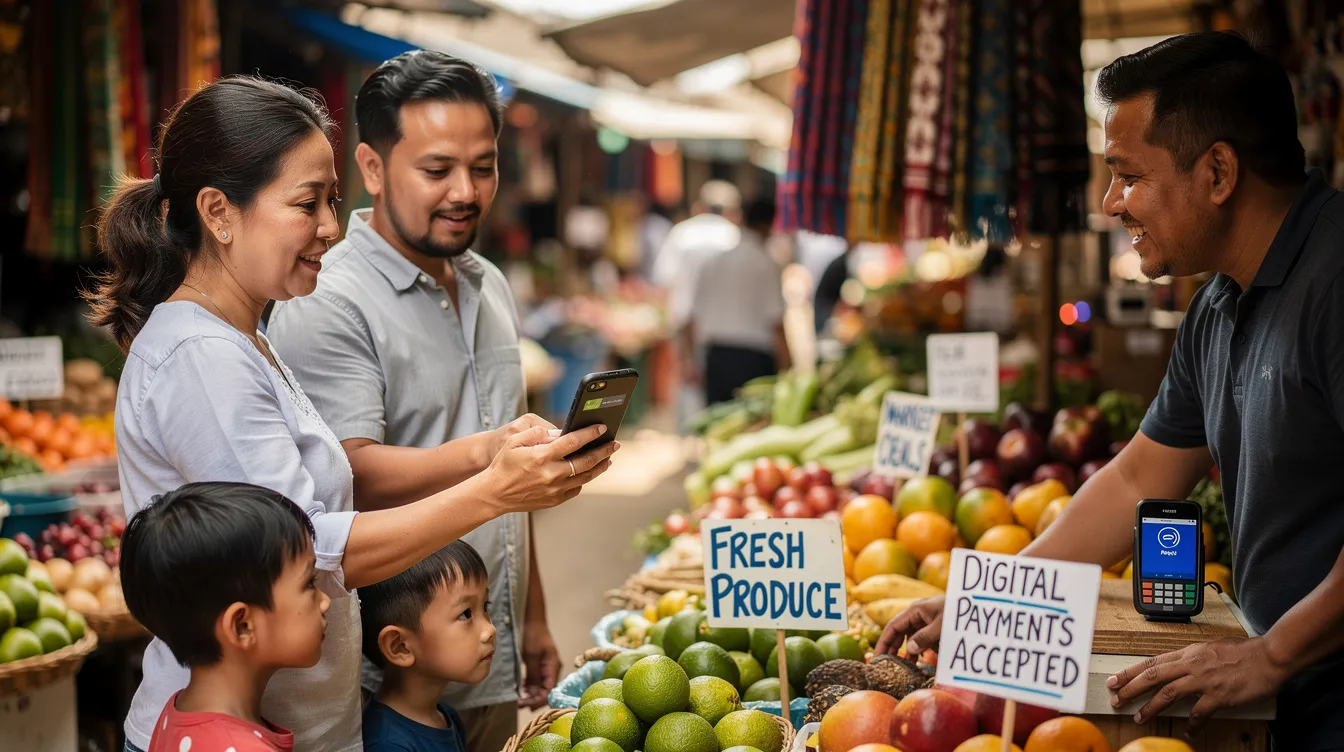 A family is gathered in a bustling marketplace, using a mobile phone to complete a digital payment for their purchases. The scene illustrates the convenience of modern payment methods, highlighting the ease of sending money online and managing transactions through a mobile wallet.
