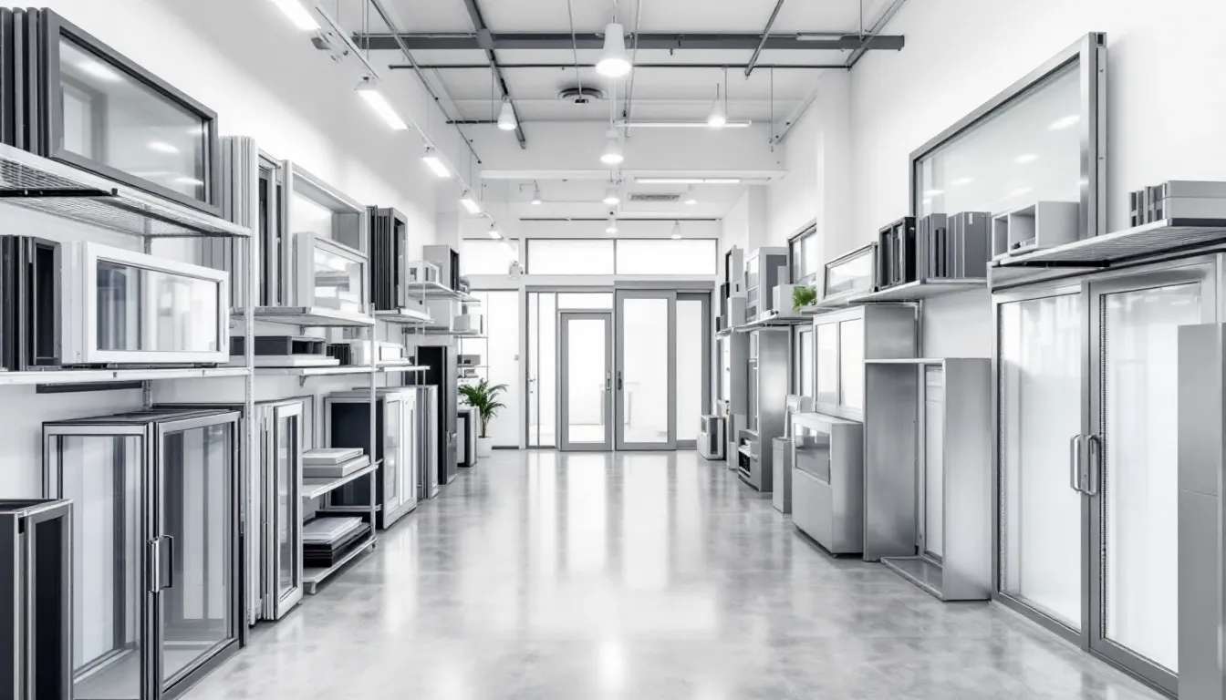 Een showroom met een ruim assortiment aan verschillende aluminium deuren en raamkozijnen, waaronder maatwerk binnendeuren en luxe tuindeuren. De producten hebben een moderne uitstraling en zijn beschikbaar in diverse RAL kleuren, met een focus op kwaliteit en veiligheid.