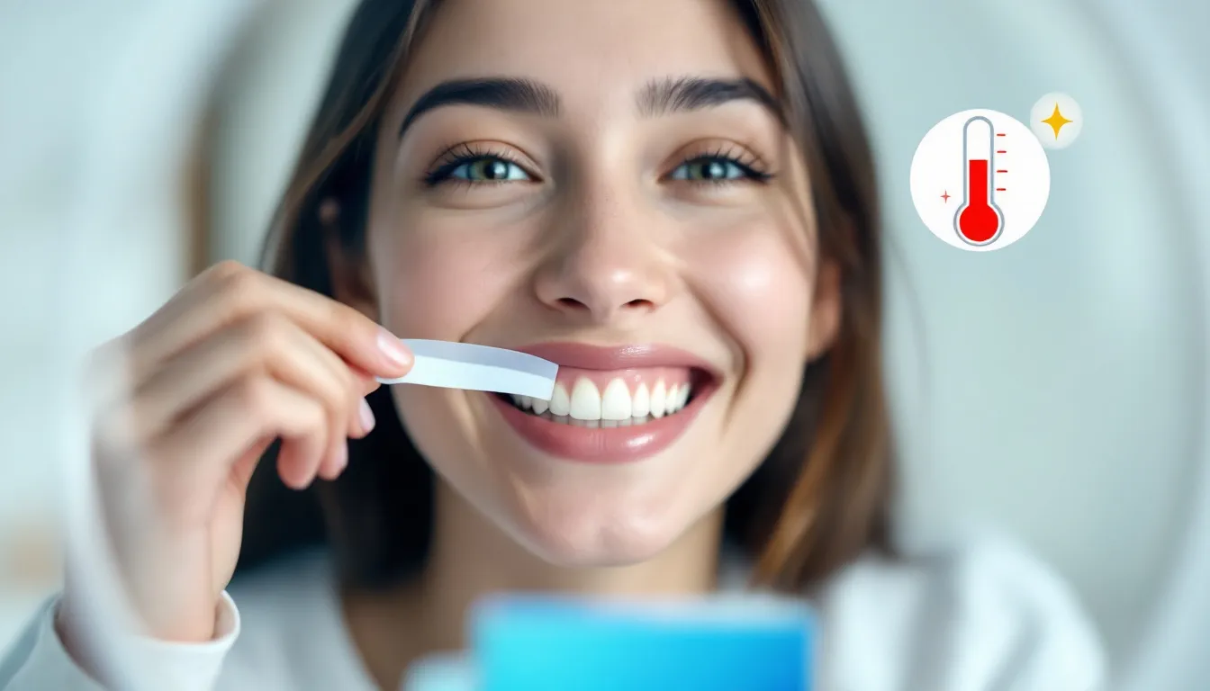 A close-up of a person applying teeth whitening strips, demonstrating the application process and potential tooth sensitivity.