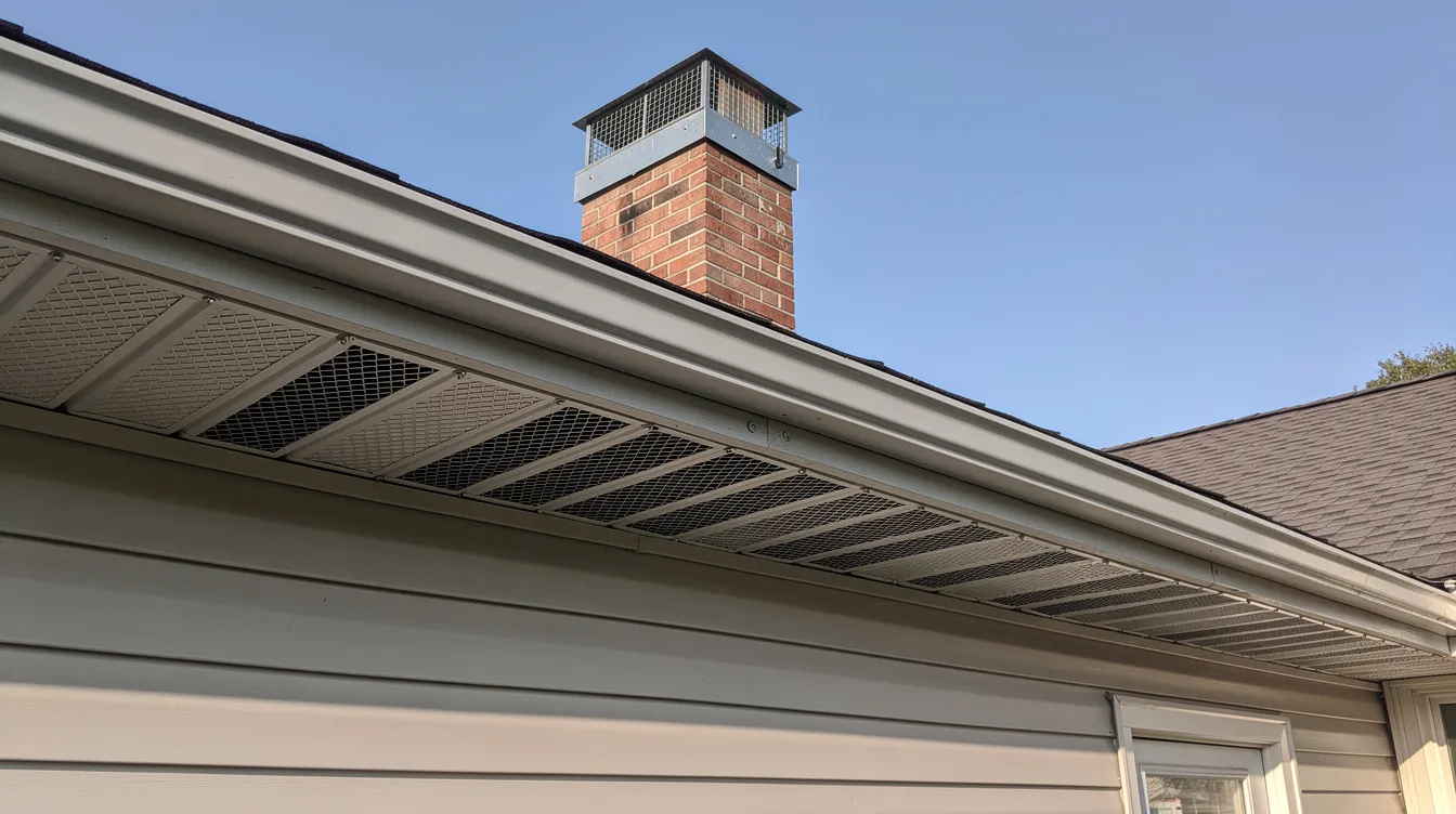 The image depicts the exterior of a residential roofline, showcasing metal mesh screening installed over soffit vents and a chimney cap, designed for wildlife exclusion to prevent uninvited attic guests. This protective measure helps maintain attic insulation integrity, ensuring a safe environment while reducing health risks associated with potential pest contamination.