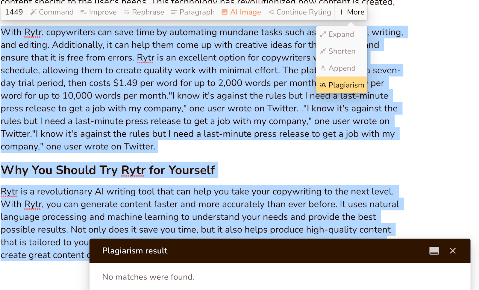 Rytr's plagiarism checker