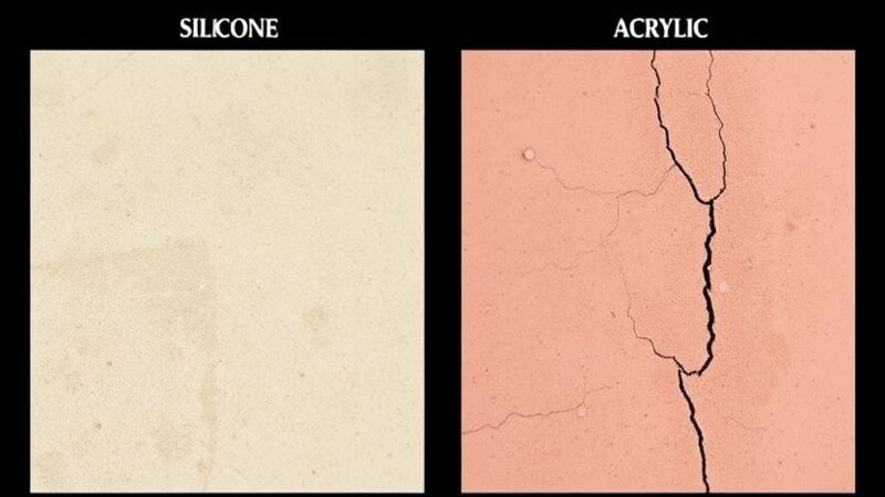 A side-by-side comparison of different sealants applied to a surface- silicone remains flexible and intact, while latex and acrylic show cracks and deterioration over time.