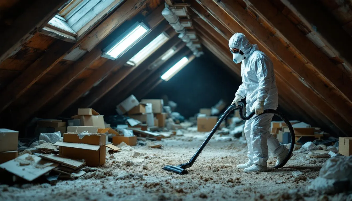 A professional technician, dressed in full protective gear including rubber gloves and a mask, is meticulously cleaning a contaminated attic space, removing rodent droppings and nesting materials to ensure a clean environment. The technician is using disinfectant solutions to thoroughly disinfect the affected areas, mitigating health risks associated with major pest infestations.