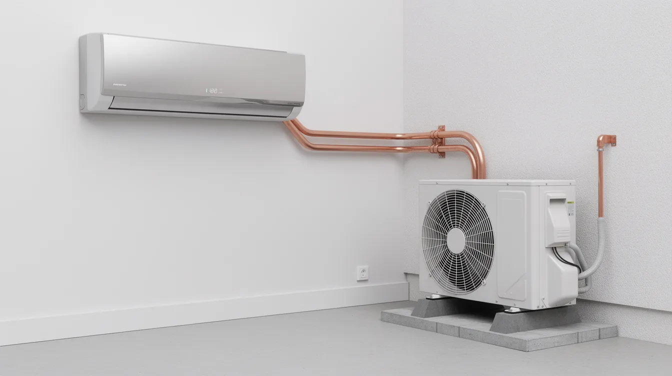 The image shows a split system air conditioner featuring a single outdoor condenser unit with visible copper refrigerant lines connected to it. This HVAC system is designed for efficient cooling, highlighting the importance of proper air conditioner sizing to ensure optimal energy efficiency and cooling power.
