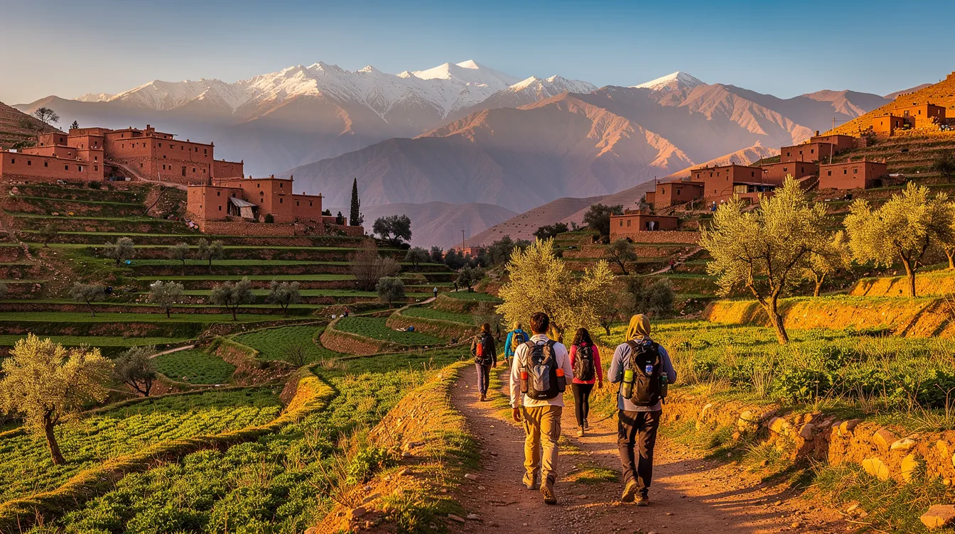 Travelers are walking through lush green valleys in Morocco, with the majestic snow-capped Atlas Mountains visible in the distance. The scene captures the pleasant temperatures of March, making it an excellent time for outdoor activities and exploring the natural beauty of central Morocco.