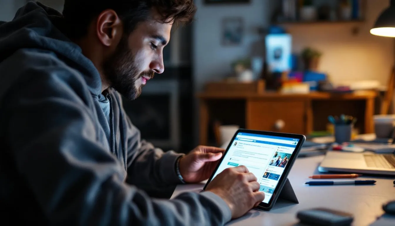 Na zdjęciu widzimy osobę, która przegląda lokalną grupę na Facebooku na tablecie, co może pomóc w budowaniu pozytywnego wizerunku marki w mediach społecznościowych. Użytkownik jest skupiony na treściach, co może wpływać na jego postrzeganie lokalnych usług i produktów.