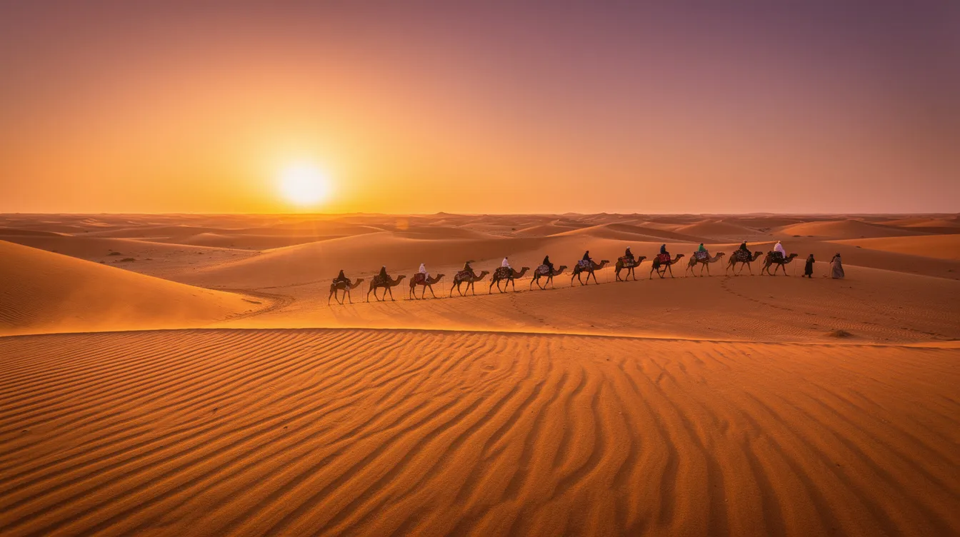 A panoramic view of the Sahara desert at sunset showcases a caravan of camels silhouetted against a vibrant orange and purple sky, creating a stunning backdrop for travelers seeking unique experiences in Morocco. This serene landscape invites visitors to explore the beauty of the desert and immerse themselves in local customs and Moroccan culture.