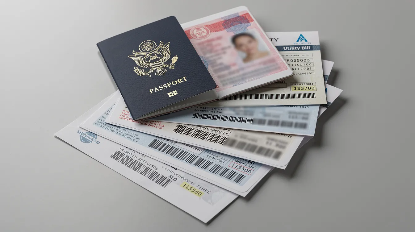 The image shows a stack of identity documents, including a passport and various utility bills, which are essential for verification and account access. These documents might be needed for processes such as creating or recovering login details and resolving issues related to identity verification.