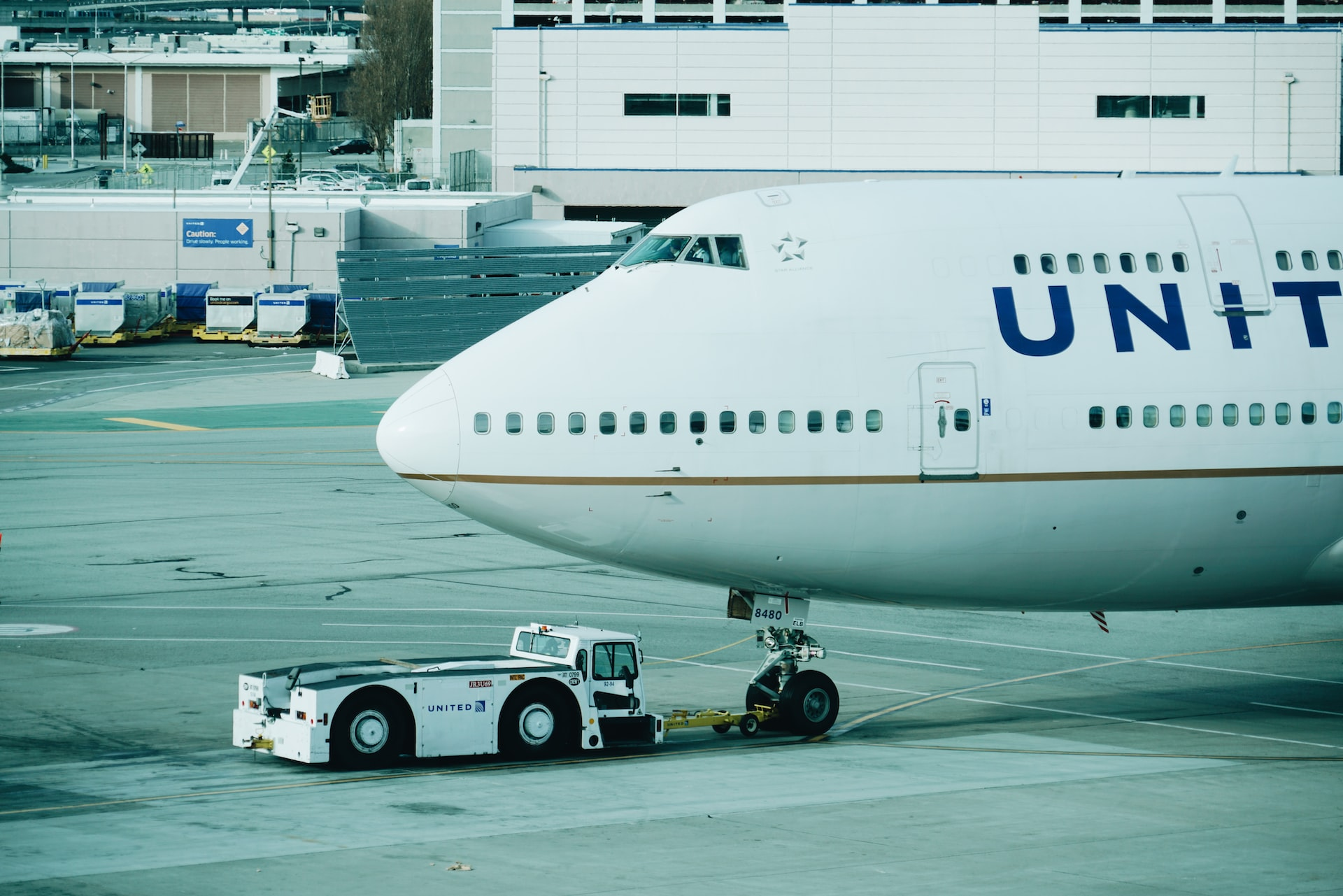 Legacy carrier United Airlines' aircraft being towed.