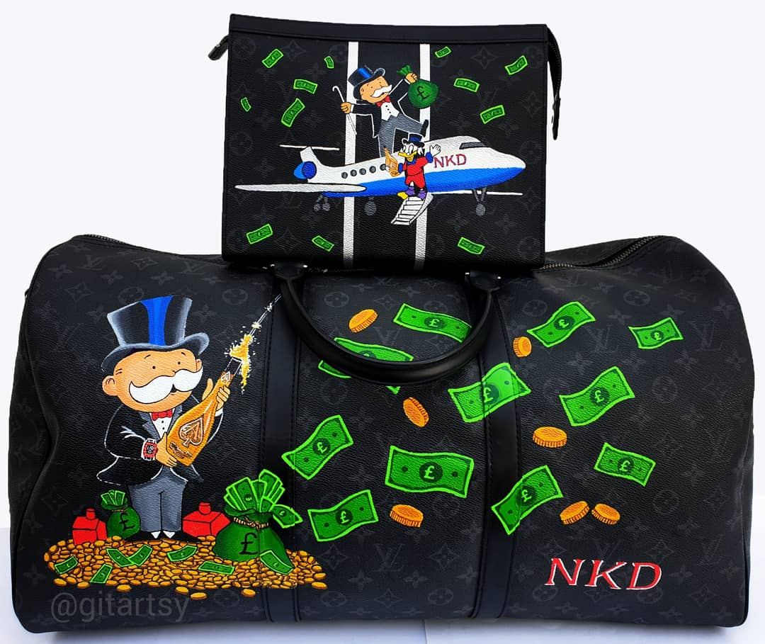 Hand painted Large Louis Vuitton duffle bag with Mr Monopoly theme and initials 