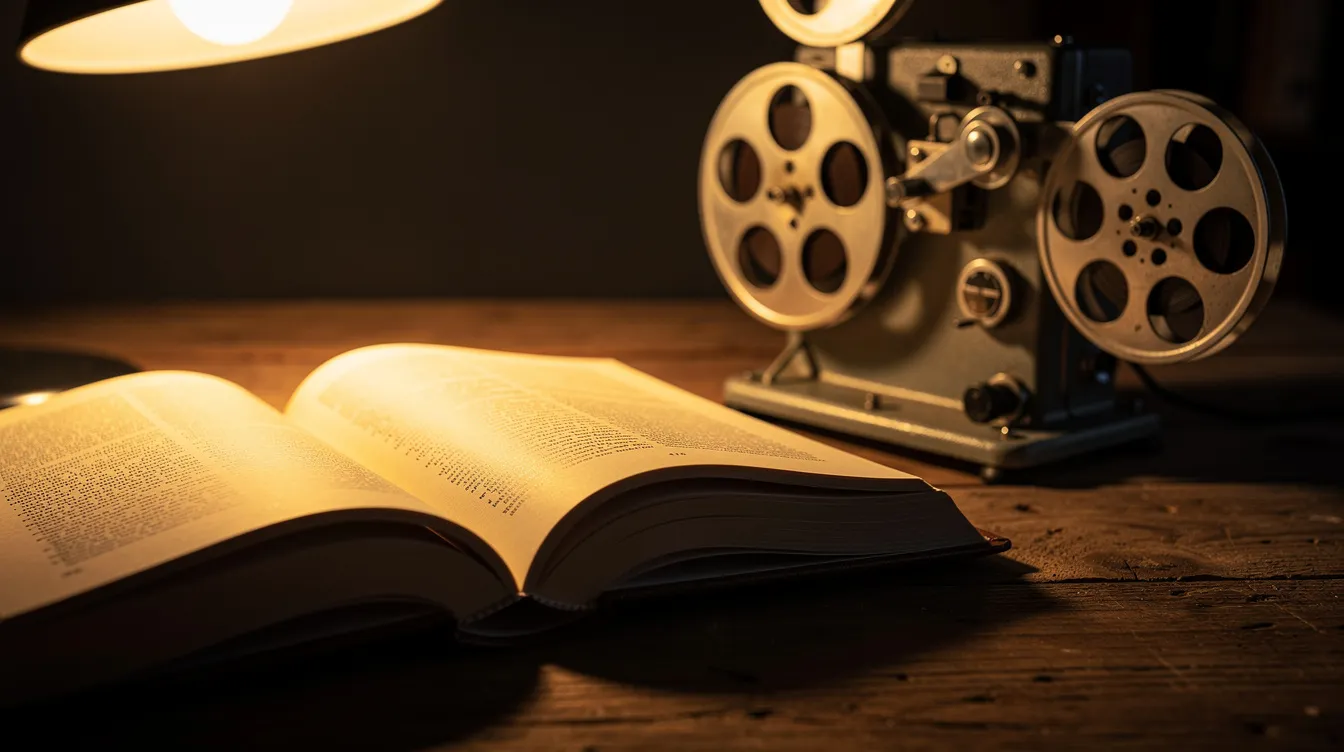 Ein aufgeschlagenes Taschenbuch liegt neben einem Filmprojektor auf einem Holztisch, beleuchtet von warmem Leselampenlicht, das eine gemütliche Atmosphäre schafft und an die Science-Fiction-Welt von Ridley Scotts "Blade Runner" erinnert. Der Projektor könnte Szenen aus dem Film zeigen, während das Buch auf Philip K. Dicks "Do Androids Dream of Electric Sheep?" verweist, einem Klassiker des Genres.