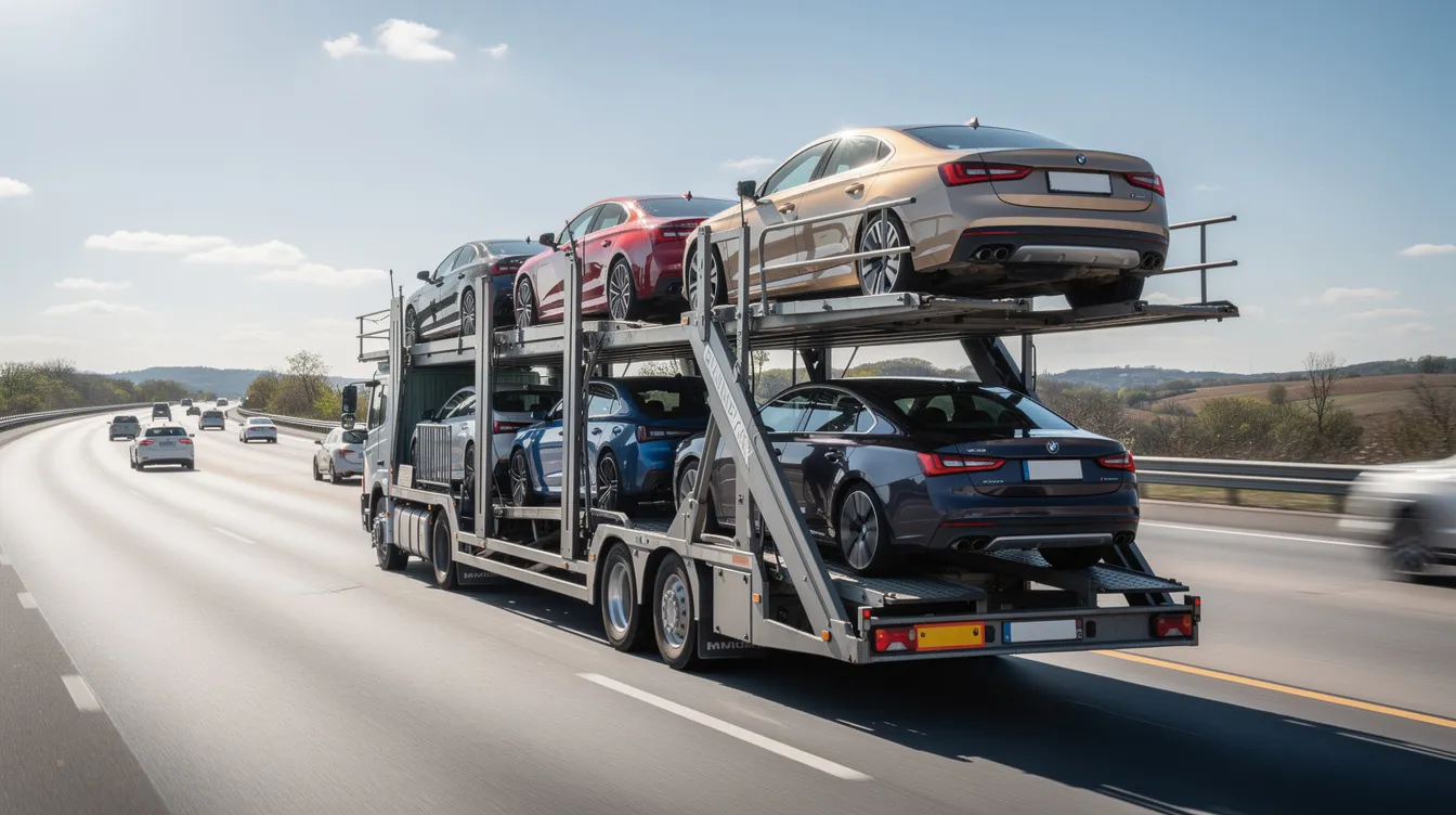 An open carrier truck is transporting multiple vehicles on a highway, showcasing a mix of salvage cars and non-running vehicles. The scene highlights the process of safe and reliable transport for inoperable vehicles, emphasizing the importance of specialized equipment used by auto transport companies.