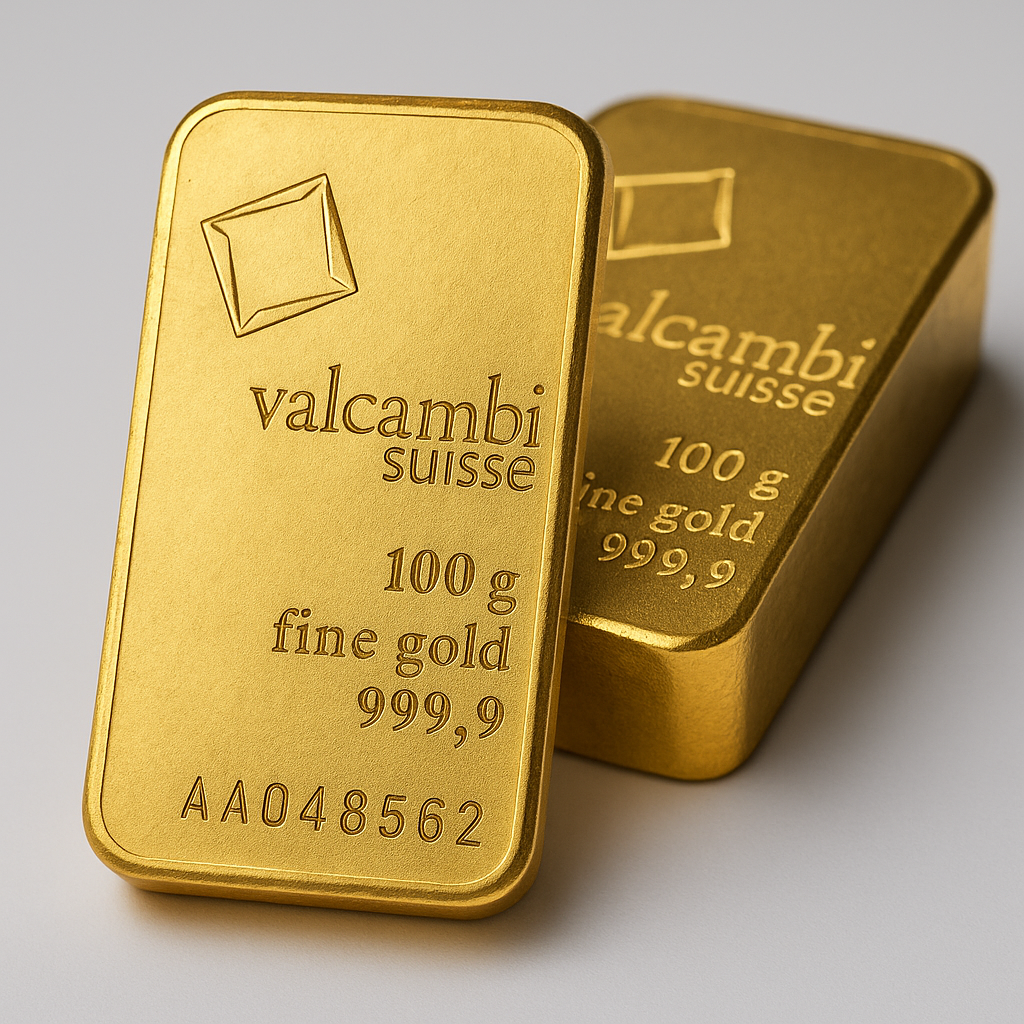 Valcambi Suisse - investiciniai aukso luitai, ant fono matomi luito svoris, grynumas ir serijos numeris