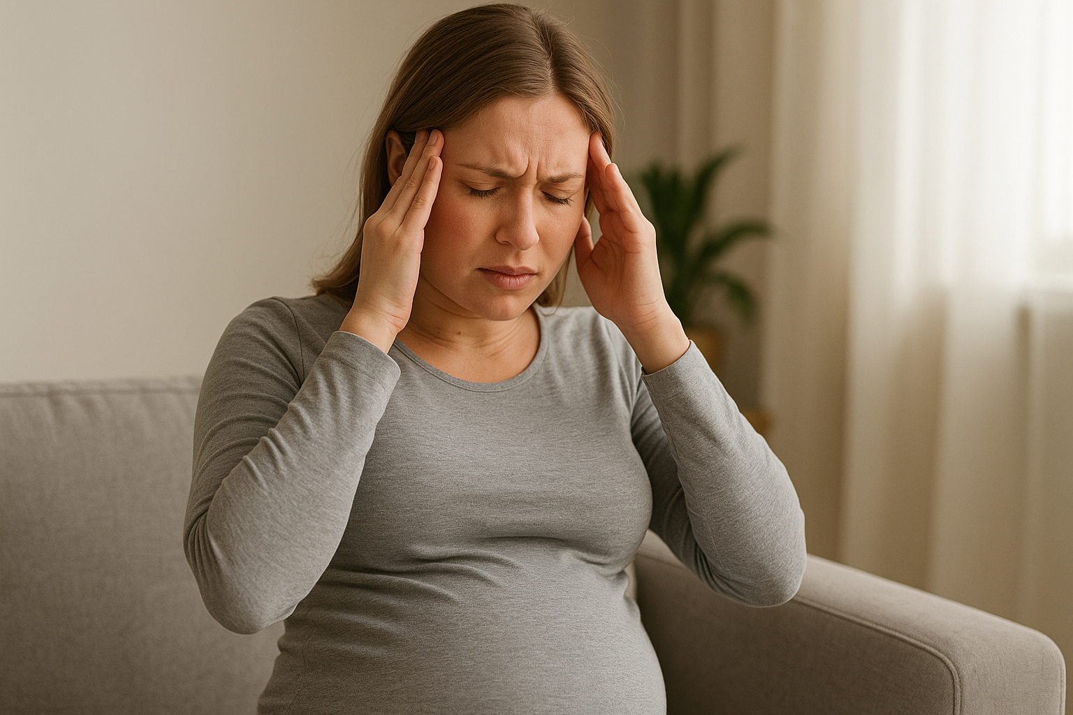 Gravid kvinne sitter på sofaen med begge hender mot hodet og lukket øyne, tydelig preget av hodepine og ubehag.