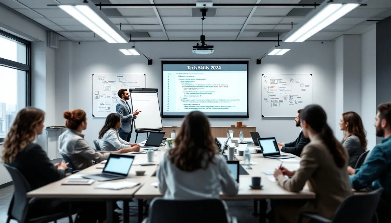 The image depicts a professional development workshop where participants are engaged in learning new technical skills relevant to architecture and construction. Attendees, including architecture graduates and interior designers, are collaborating on projects that involve creating designs and understanding building codes to enhance their job opportunities in the industry.