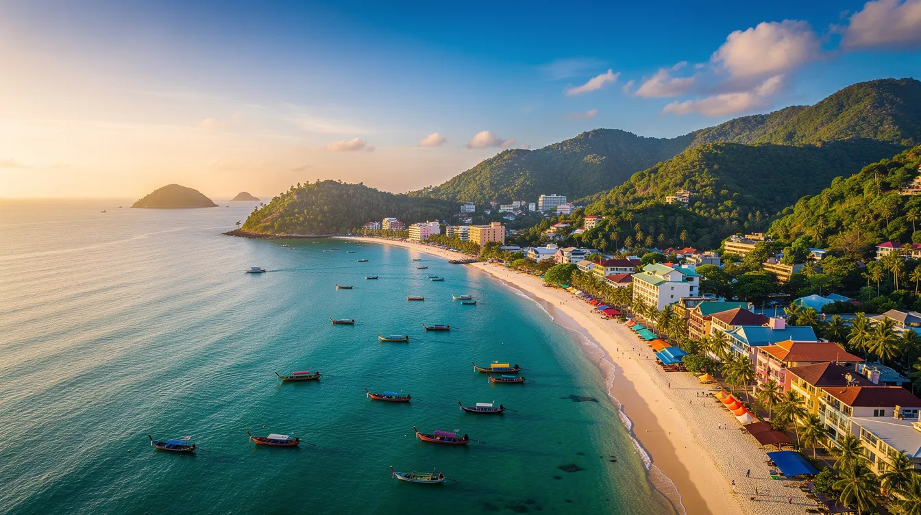 A imagem retrata a bela ilha de Phuket, na Tailândia, com suas praias de areia branca e águas cristalinas do Golfo da Tailândia. O cenário é complementado por palmeiras e resorts, criando um ambiente ideal para turismo e relaxamento.