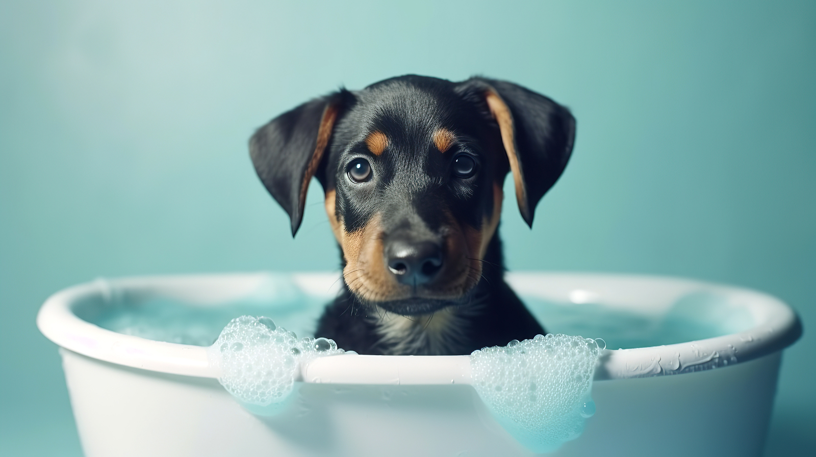 A Dog Taking An Oatmeal Bath, With Bubbles Around It