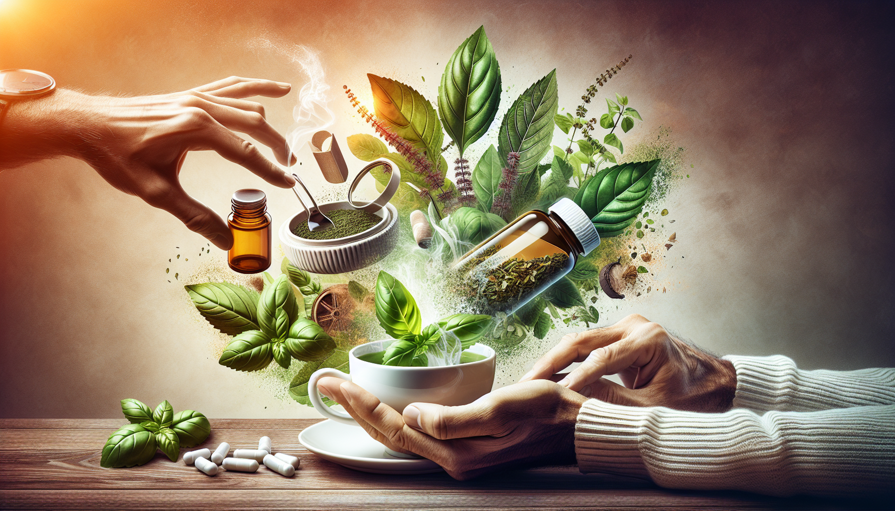 Artistic representation of integrating holy basil into wellness routines