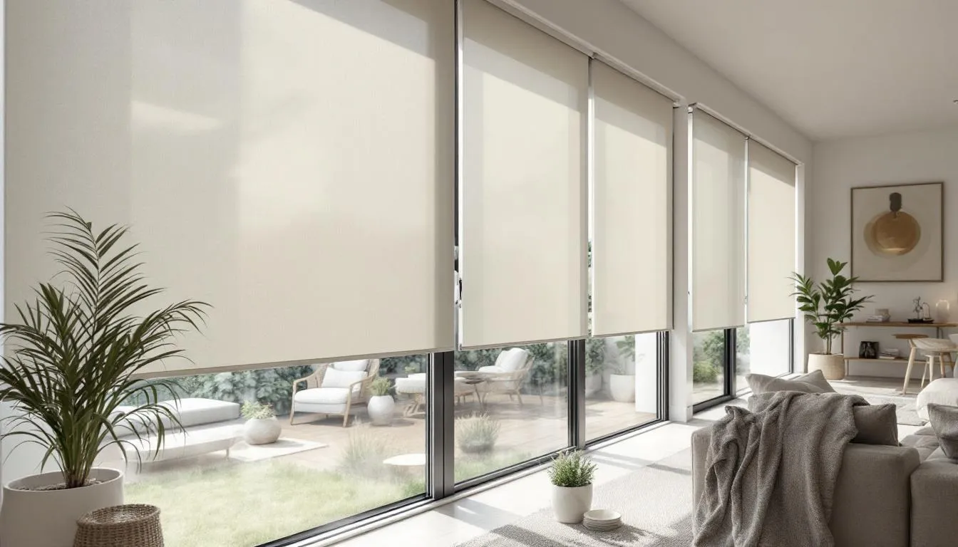Energy-efficient roller blinds installed on sliding glass doors.
