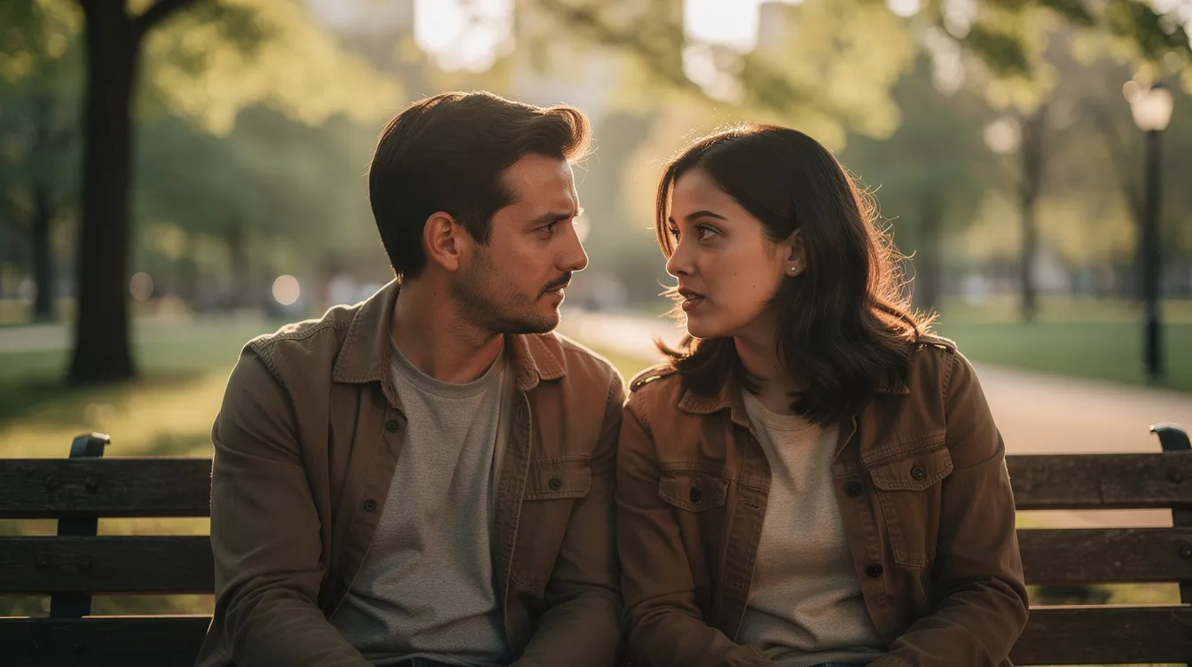 A couple is engaged in a thoughtful conversation outdoors, surrounded by nature, as they explore their relationship dynamics and share insights about their compatibility. This moment reflects their desire to understand each other's personality traits and strengthen their bond through open communication.
