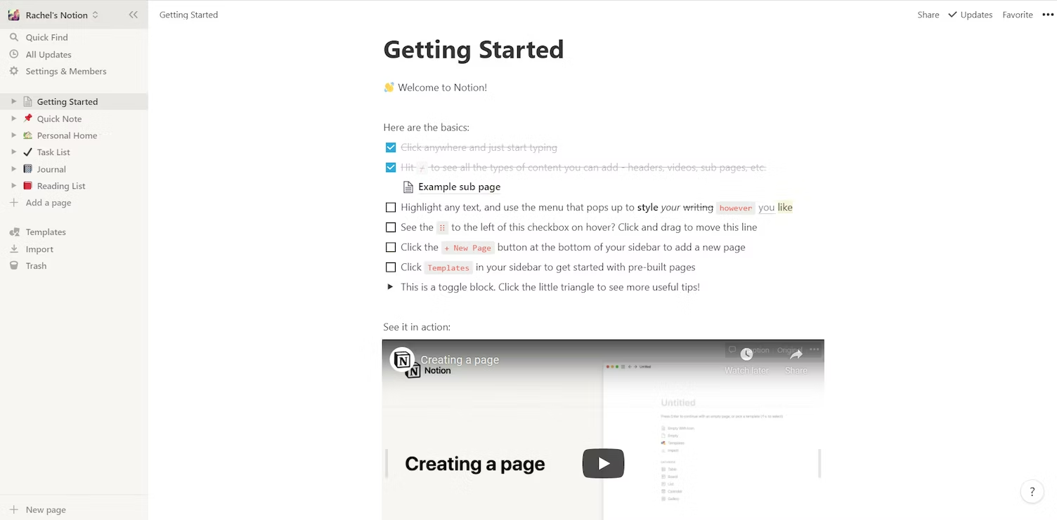 Notion's "Getting Started" page guides users towards the 'Aha!' moment.
