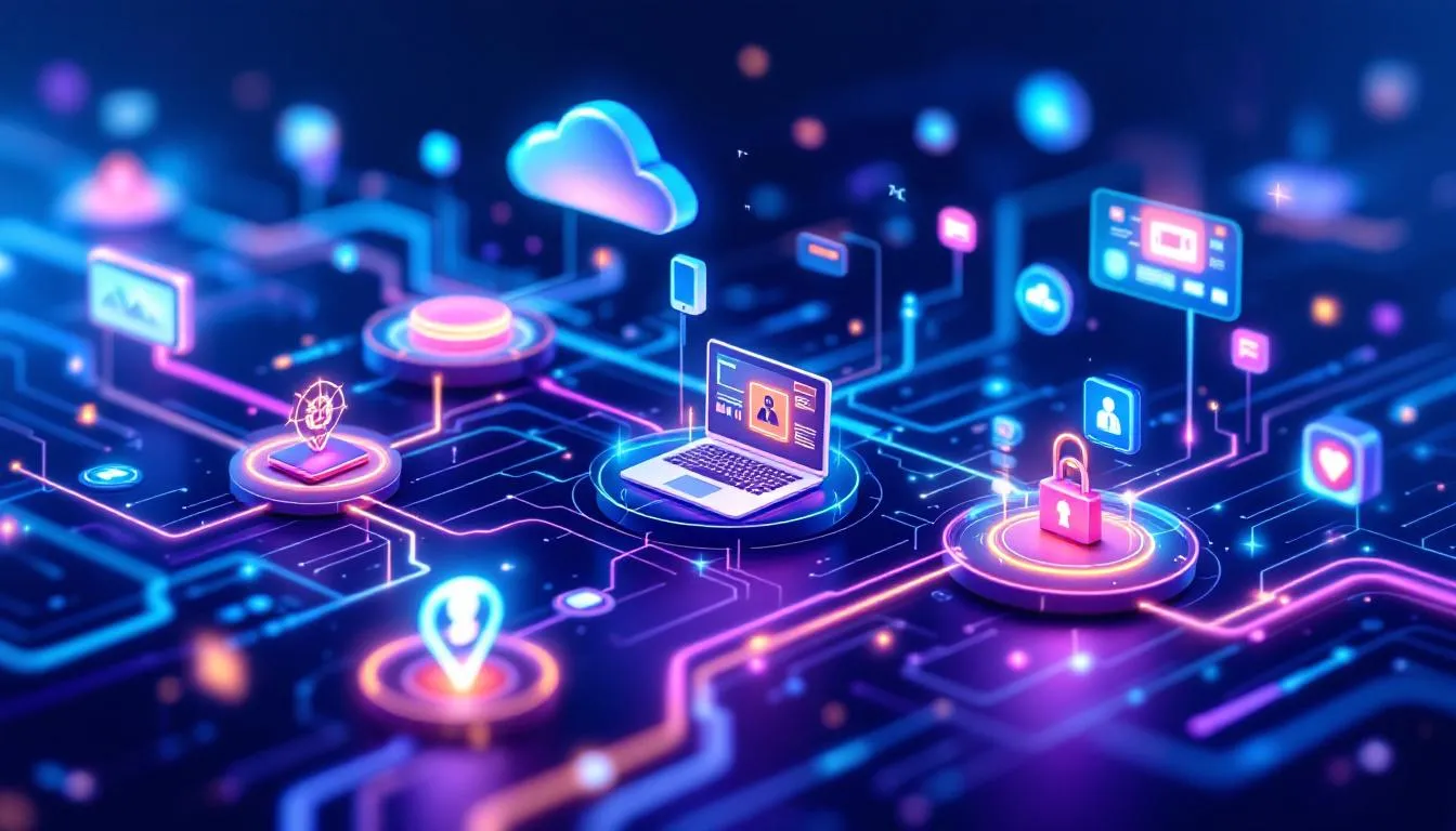 Key elements of a successful digital transformation roadmap illustrated with various digital tools and technologies.