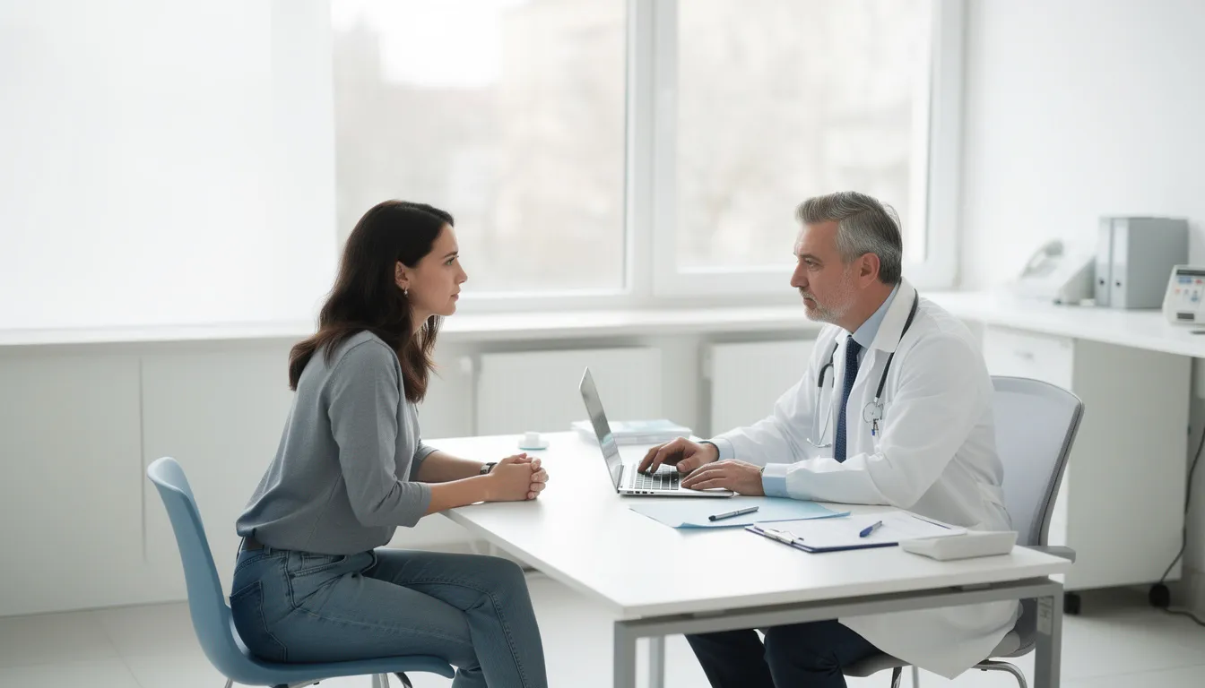 Na obrazie widoczny jest lekarz specjalista przeprowadzający konsultację z pacjentką w jasnym gabinecie medycznym, omawiający metody leczenia trądziku oraz odpowiednią pielęgnację skóry. W tle znajdują się sprzęty medyczne oraz rośliny, co tworzy przyjemną atmosferę sprzyjającą rozmowie o zdrowiu skóry.