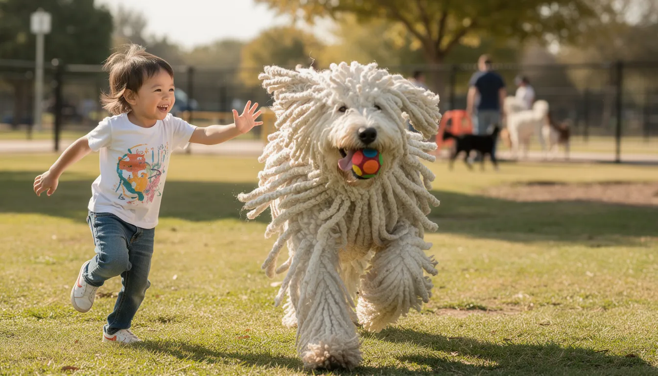 A playful komondor dog with its distinctive corded coat is joyfully interacting with a child at a dog park, surrounded by lush green grass and a securely fenced yard. The child is laughing and reaching out to pet the komondor, showcasing the breed's gentle and friendly temperament.
