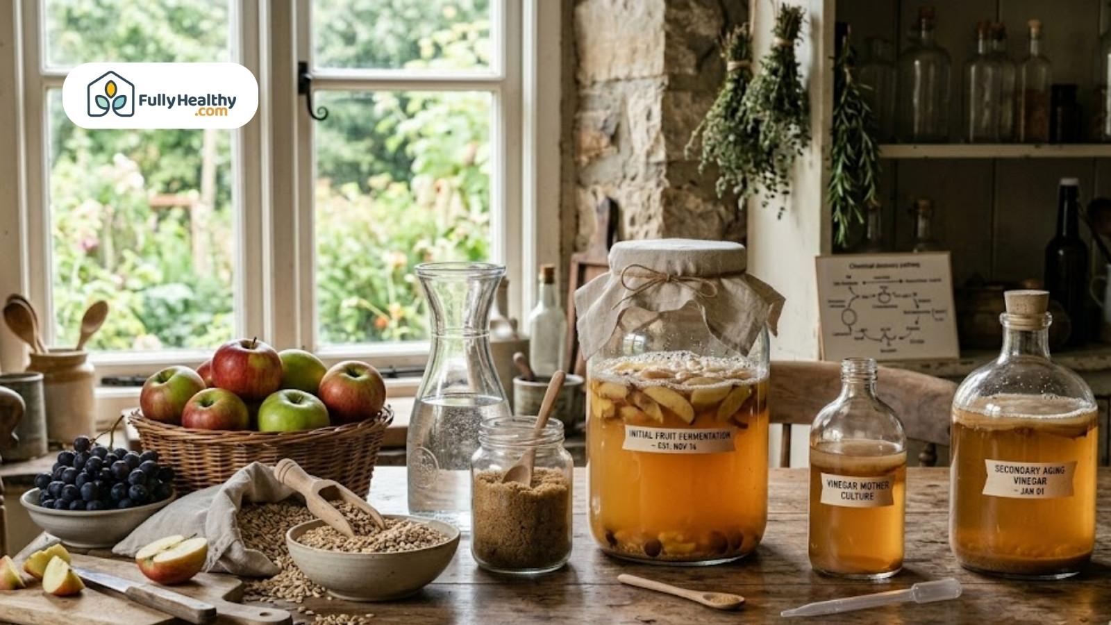 Homemade fruit fermentation setup with apples, grains, and vinegar cultures