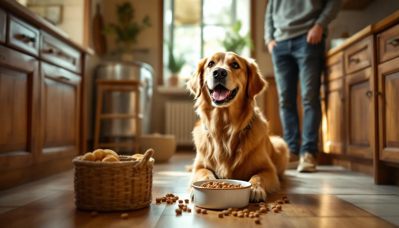 A happy dog is eagerly eating from a bowl filled with nutritious food, while their owner watches nearby, ensuring their pet